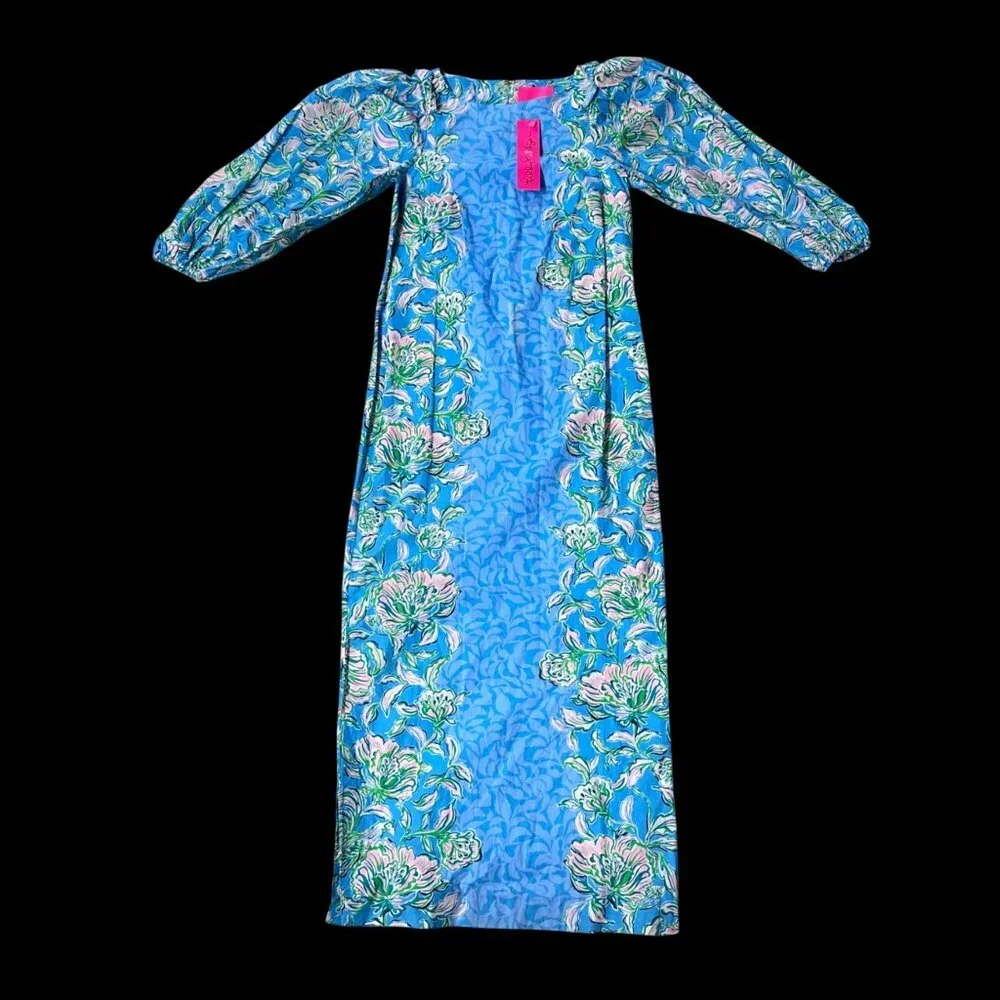 Lilly Pulitzer XXS Blue Green Floral Barbara Maxi Dress Puff 3/4 Sleeves READ - Picture 2 of 12